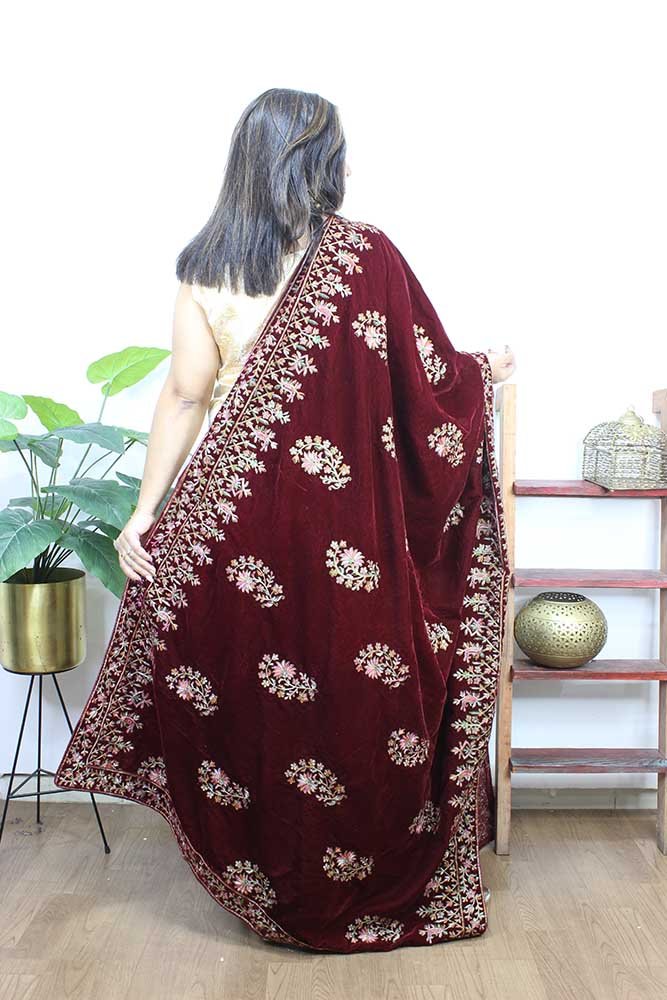 Maroon Embroidered Trendy Velvet Dupatta - Luxurion World