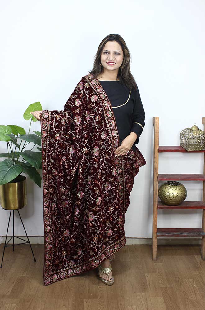 Maroon Embroidered Trendy Velvet Dupatta - Luxurion World