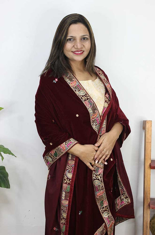 Maroon Embroidered Trendy Velvet Dupatta - Luxurion World
