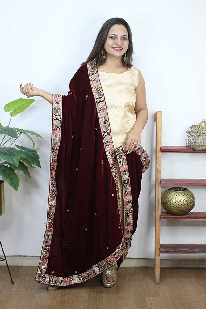 Maroon Embroidered Trendy Velvet Dupatta - Luxurion World