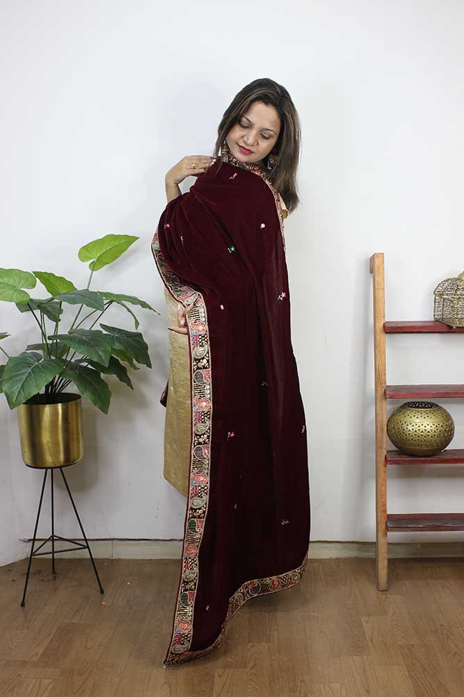 Maroon Embroidered Trendy Velvet Dupatta - Luxurion World