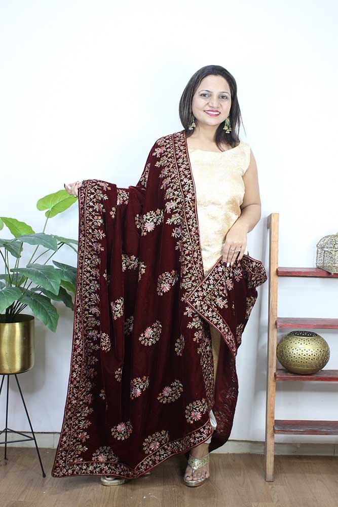 Maroon Embroidered Trendy Velvet Dupatta - Luxurion World