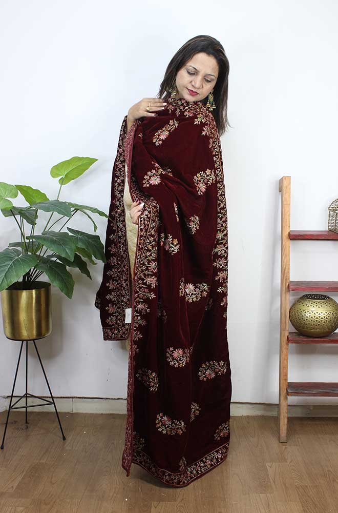 Maroon Embroidered Trendy Velvet Dupatta - Luxurion World