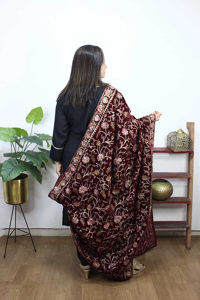 Maroon Embroidered Trendy Velvet Dupatta - Luxurion World