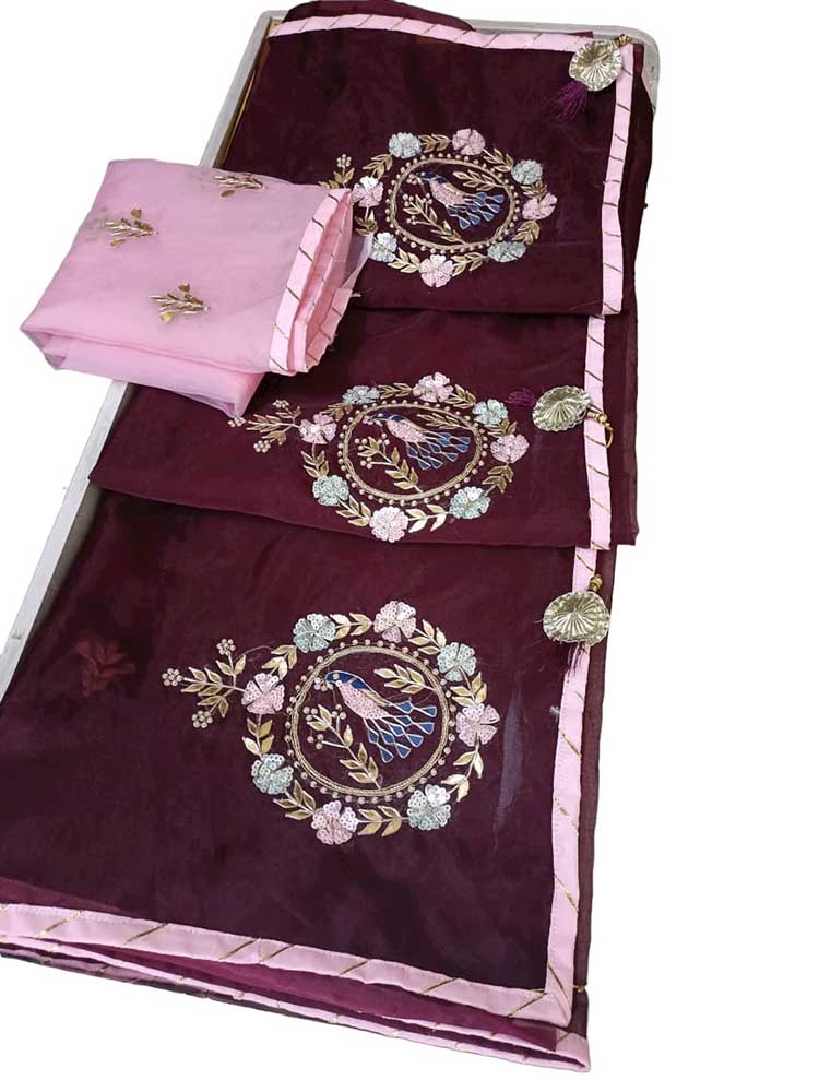 Maroon Gota And Zardozi Work Organza Saree - Luxurion World