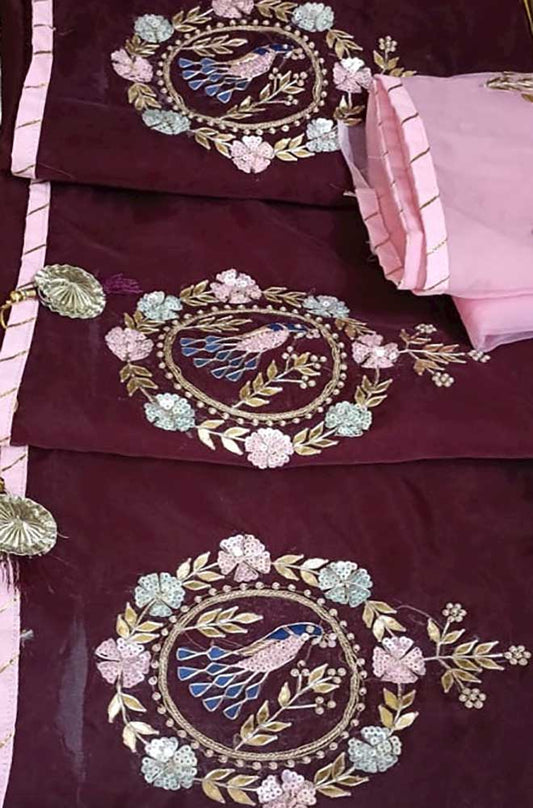Maroon Gota And Zardozi Work Organza Saree - Luxurion World