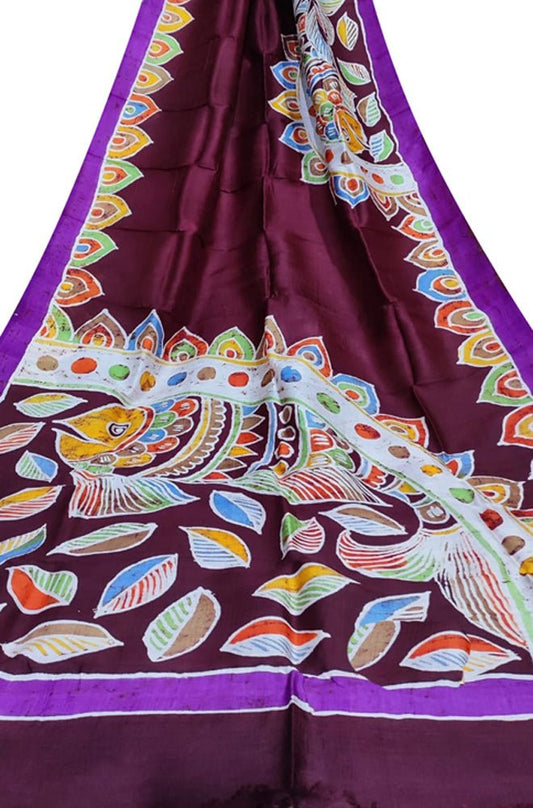 Maroon Hand Batik Silk Saree - Luxurion World
