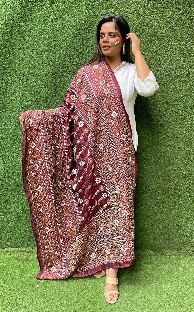 Maroon Hand Embroidered Kantha Bangalore Silk Dupatta - Luxurion World