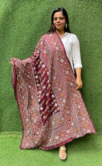 Maroon Hand Embroidered Kantha Bangalore Silk Dupatta - Luxurion World