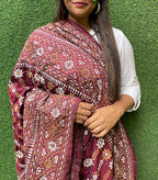 Maroon Hand Embroidered Kantha Bangalore Silk Dupatta - Luxurion World