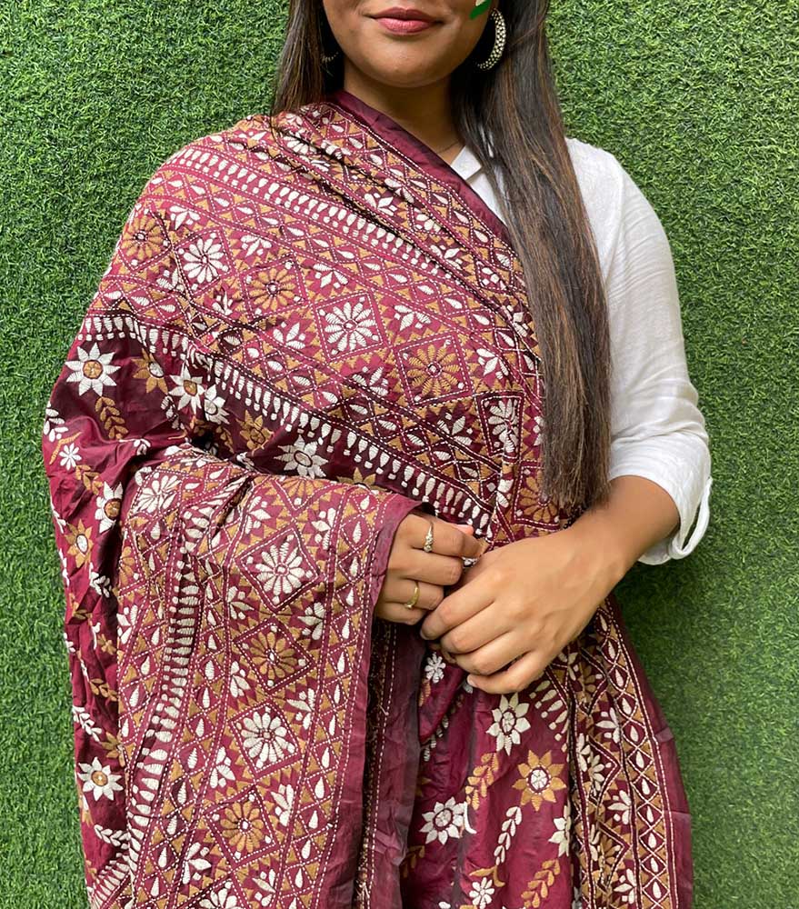 Maroon Hand Embroidered Kantha Bangalore Silk Dupatta - Luxurion World