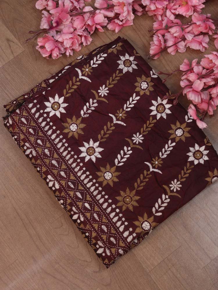 Maroon Hand Embroidered Kantha Bangalore Silk Dupatta - Luxurion World