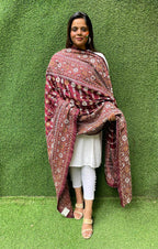 Maroon Hand Embroidered Kantha Bangalore Silk Dupatta - Luxurion World