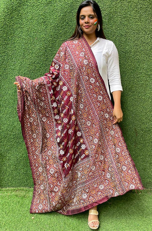 Maroon Hand Embroidered Kantha Bangalore Silk Dupatta - Luxurion World