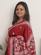 Maroon Hand Embroidered Kantha Pure Bangalore Silk Saree - Luxurion World