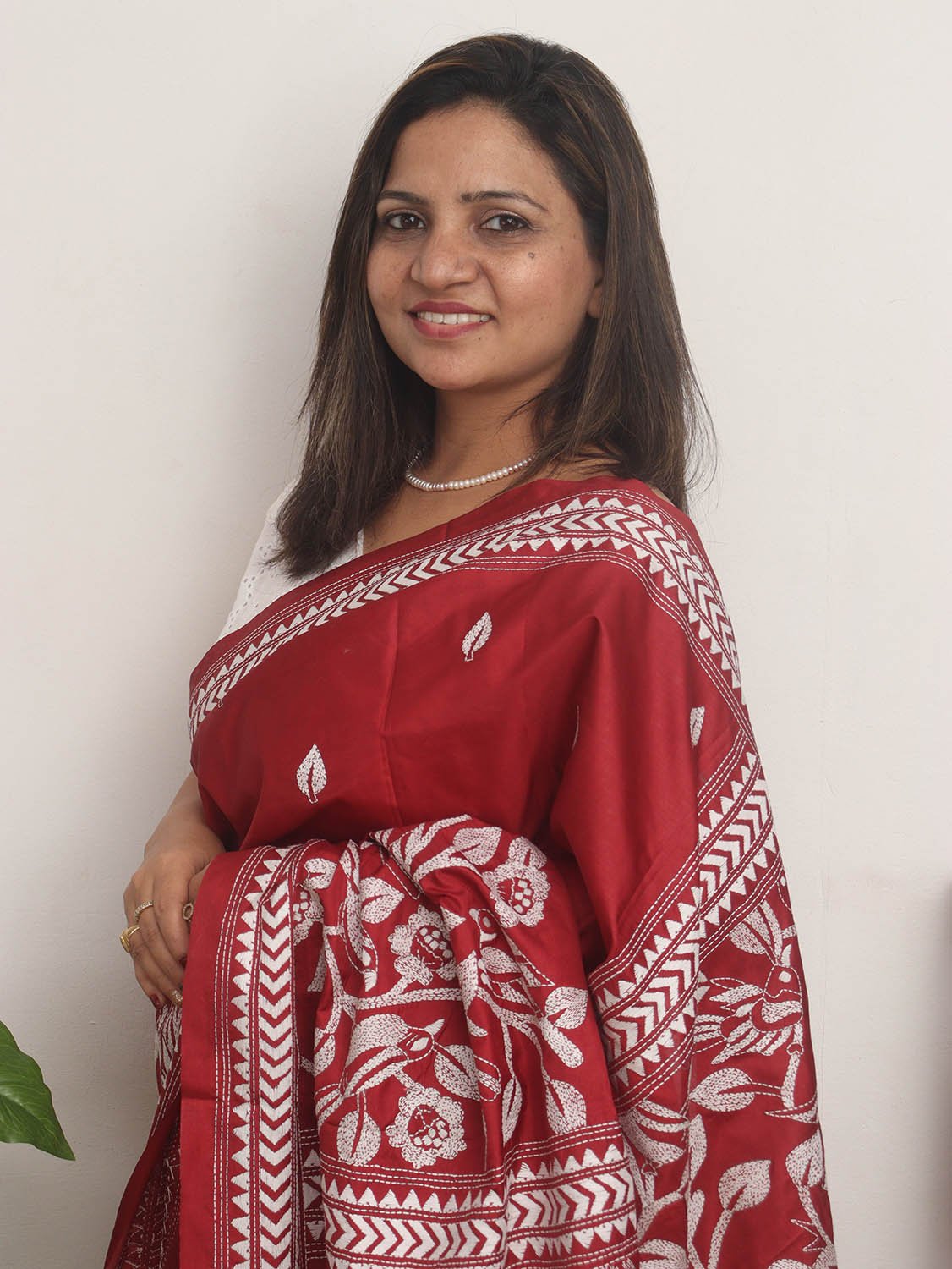 Maroon Hand Embroidered Kantha Pure Bangalore Silk Saree - Luxurion World