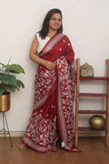 Maroon Hand Embroidered Kantha Pure Bangalore Silk Saree - Luxurion World