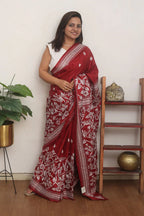 Maroon Hand Embroidered Kantha Pure Bangalore Silk Saree - Luxurion World