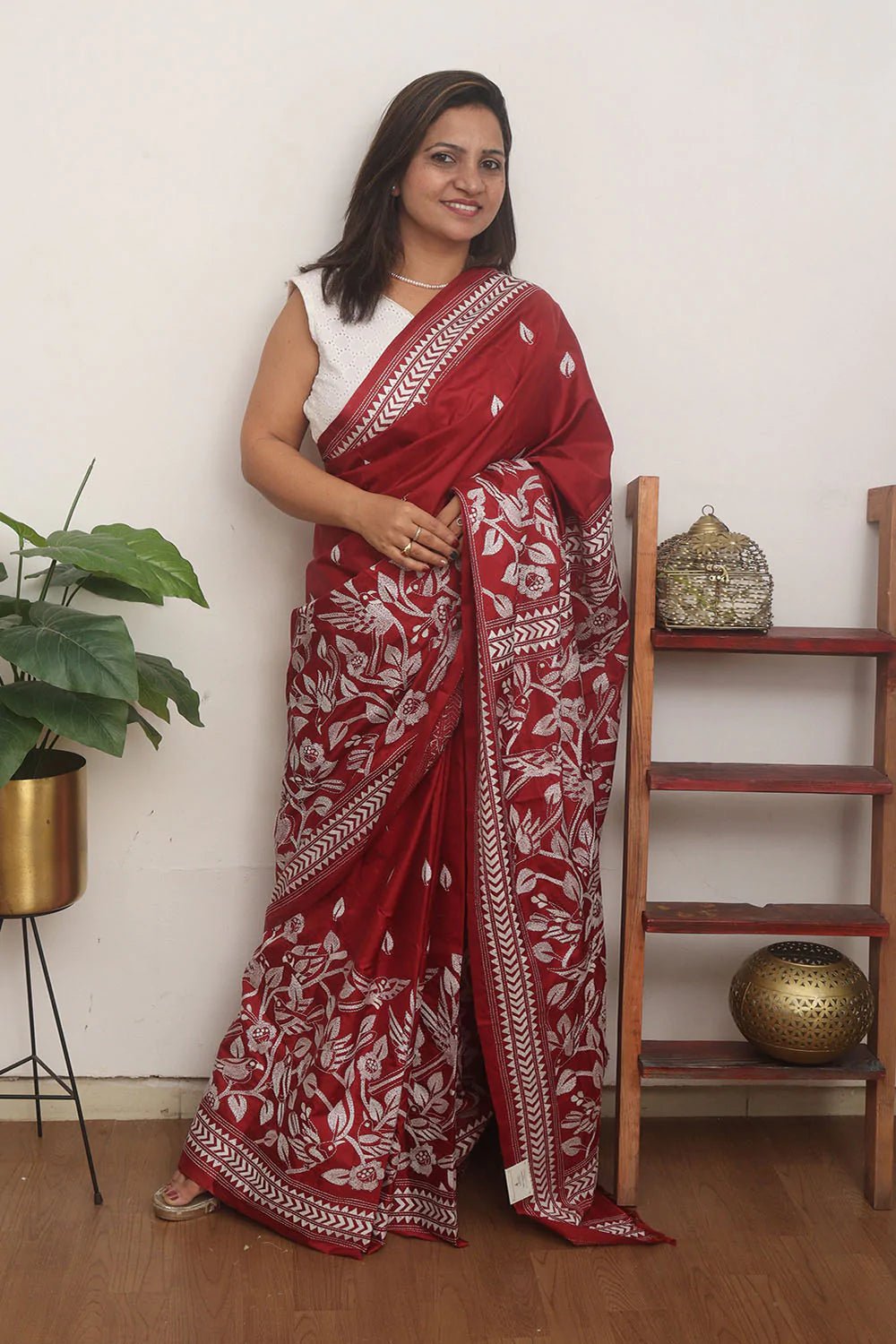 Maroon Hand Embroidered Kantha Pure Bangalore Silk Saree - Luxurion World