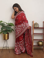 Maroon Hand Embroidered Kantha Pure Bangalore Silk Saree - Luxurion World