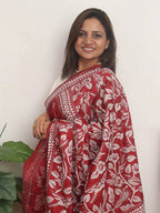 Maroon Hand Embroidered Kantha Pure Bangalore Silk Saree - Luxurion World