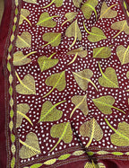 Maroon Hand Embroidered Kantha Pure Bangalore Silk Stole - Luxurion World