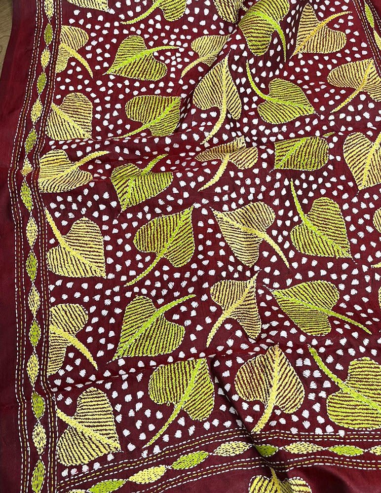 Maroon Hand Embroidered Kantha Pure Bangalore Silk Stole - Luxurion World
