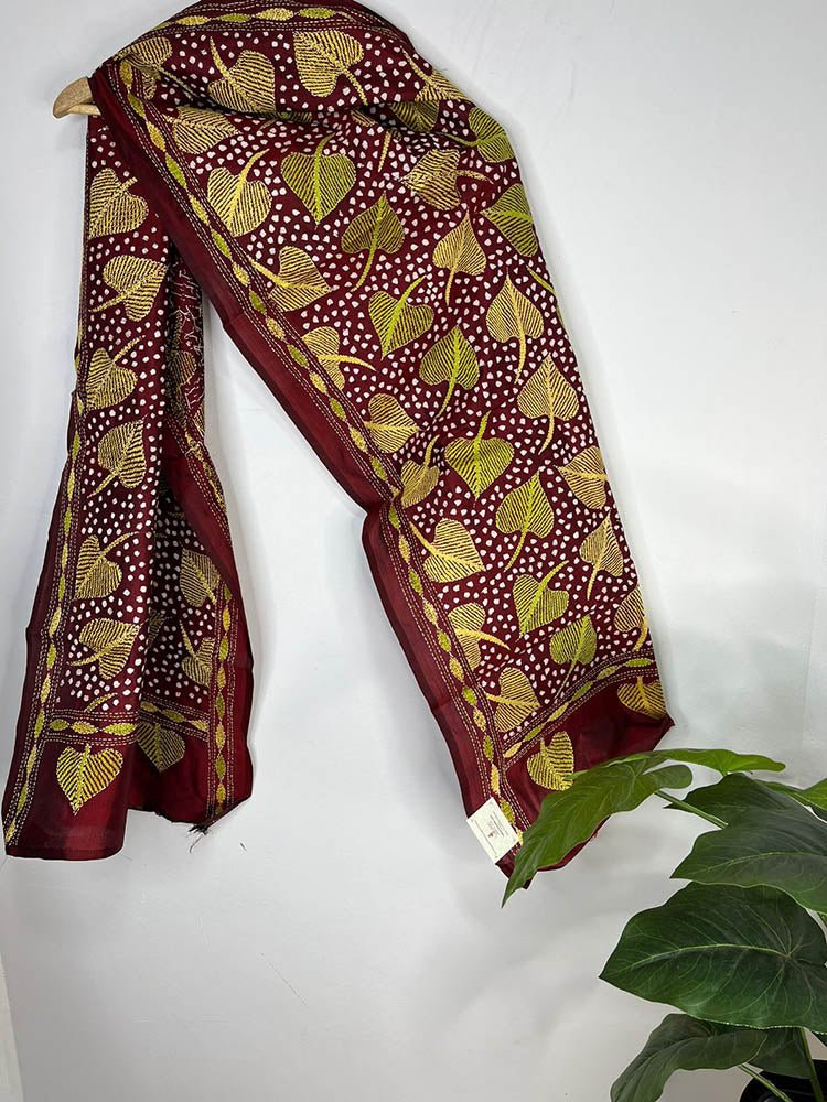 Maroon Hand Embroidered Kantha Pure Bangalore Silk Stole - Luxurion World
