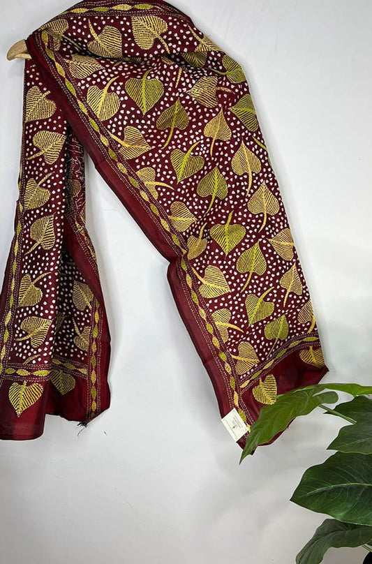 Maroon Hand Embroidered Kantha Pure Bangalore Silk Stole - Luxurion World