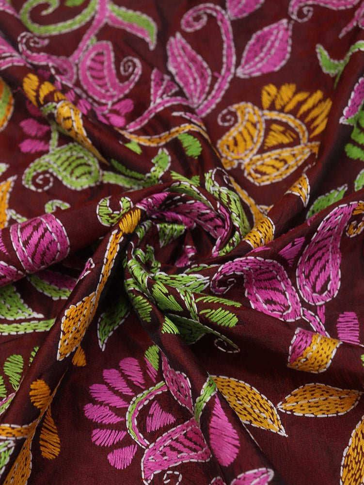 Maroon Hand Embroidered Kantha Silk Fabric ( 1 Mtr ) - Luxurion World