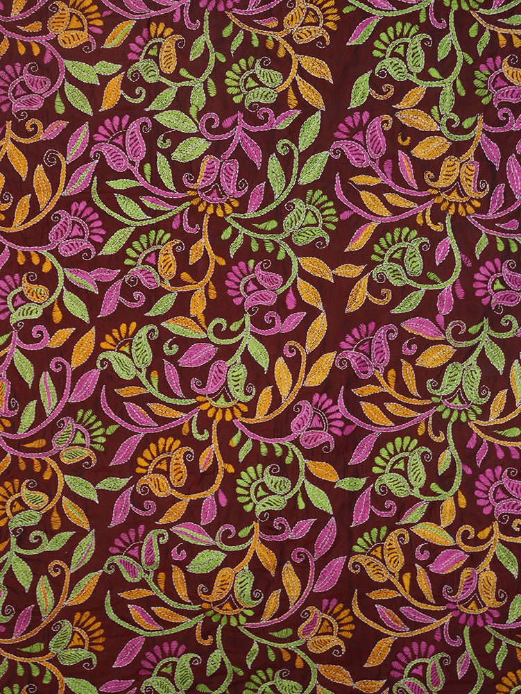 Maroon Hand Embroidered Kantha Silk Fabric ( 1 Mtr ) - Luxurion World