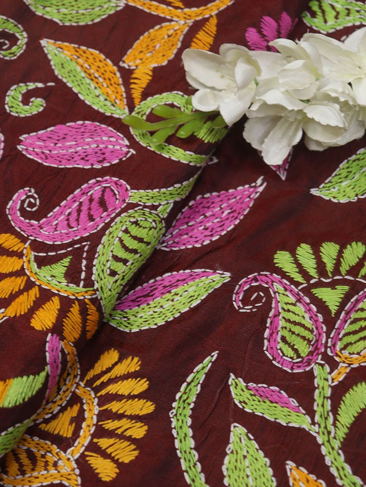 Maroon Hand Embroidered Kantha Silk Fabric ( 1 Mtr ) - Luxurion World