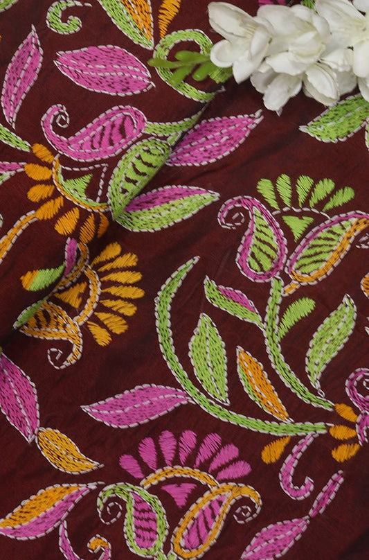Maroon Hand Embroidered Kantha Silk Fabric ( 1 Mtr )