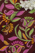 Maroon Hand Embroidered Kantha Silk Fabric ( 1 Mtr ) - Luxurion World