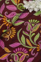 Maroon Hand Embroidered Kantha Silk Fabric ( 1 Mtr ) - Luxurion World
