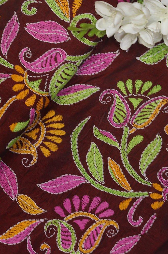 Maroon Hand Embroidered Kantha Silk Fabric ( 1 Mtr ) - Luxurion World