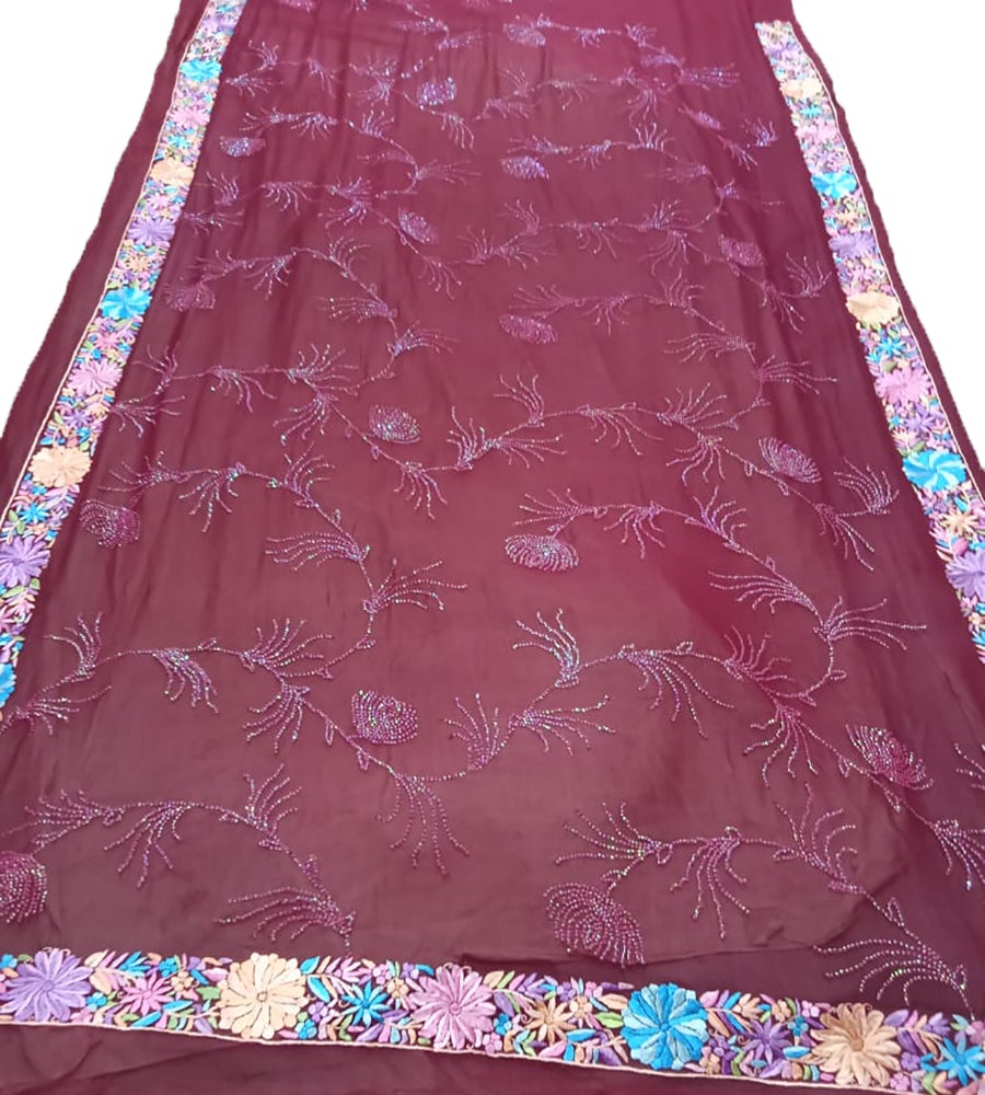 Maroon Hand Embroidered Parsi Gara Pure Georgette Flower Design Saree - Luxurion World