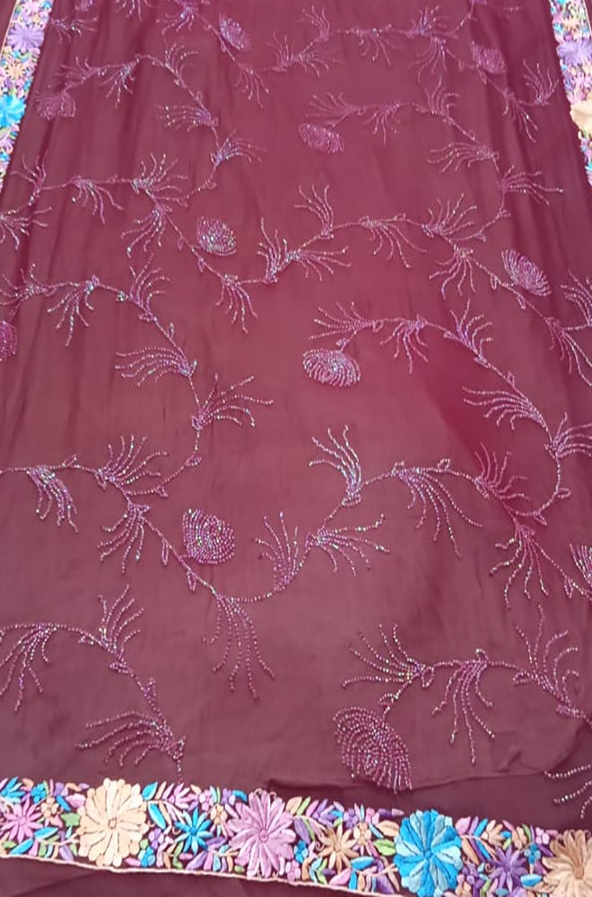 Maroon Hand Embroidered Parsi Gara Pure Georgette Flower Design Saree - Luxurion World