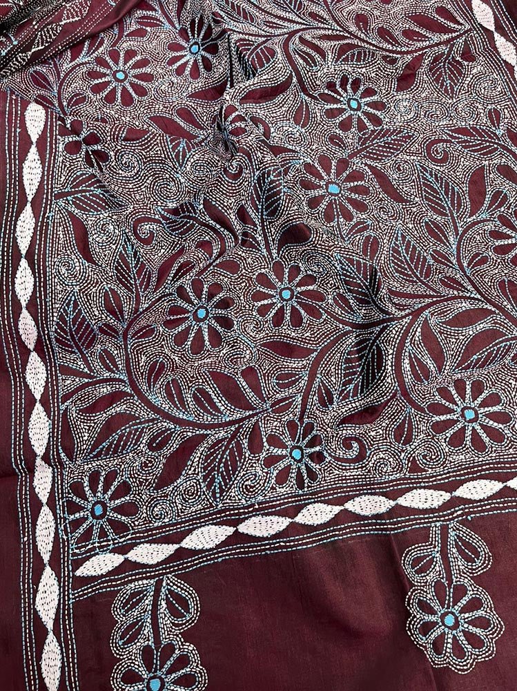 Maroon Hand Embroidered Reverse Kantha Pure Bangalore Silk Stole - Luxurion World