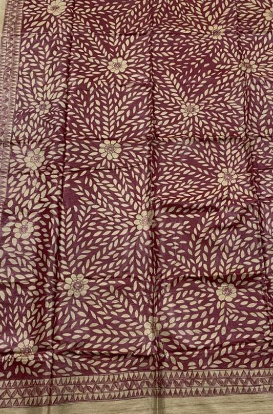 Maroon Hand Painted Madhubani Tussar Silk Saree - Luxurion World