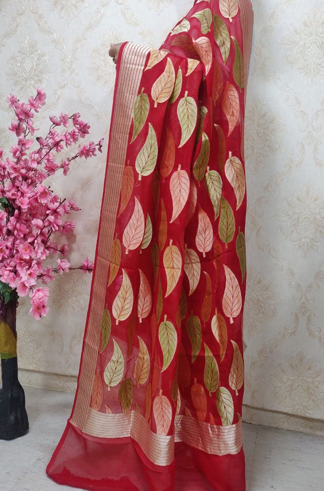 Maroon Handloom Banarasi Brush Dye Pure Georgette Dupatta - Luxurion World