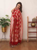 Maroon Handloom Banarasi Pure Georgette Brush Dye Dupatta - Luxurion World