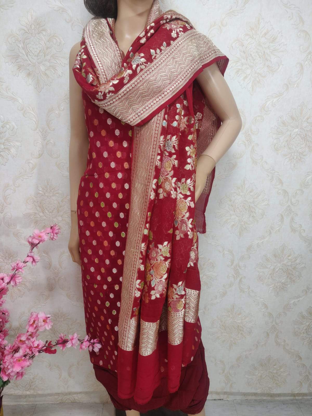 Maroon Handloom Banarasi Pure Georgette Three Piece Unstitched Suit Set With Brush Dye Dupatta - Luxurion World