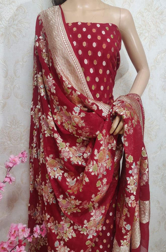 Maroon Handloom Banarasi Pure Georgette Three Piece Unstitched Suit Set With Brush Dye Dupatta - Luxurion World