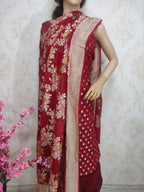 Maroon Handloom Banarasi Pure Georgette Three Piece Unstitched Suit Set With Brush Dye Dupatta - Luxurion World