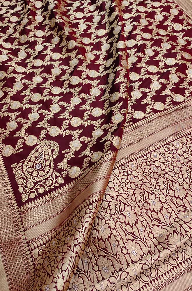 Maroon Handloom Banarasi Pure Katan Silk Sona Roopa Saree - Luxurion World