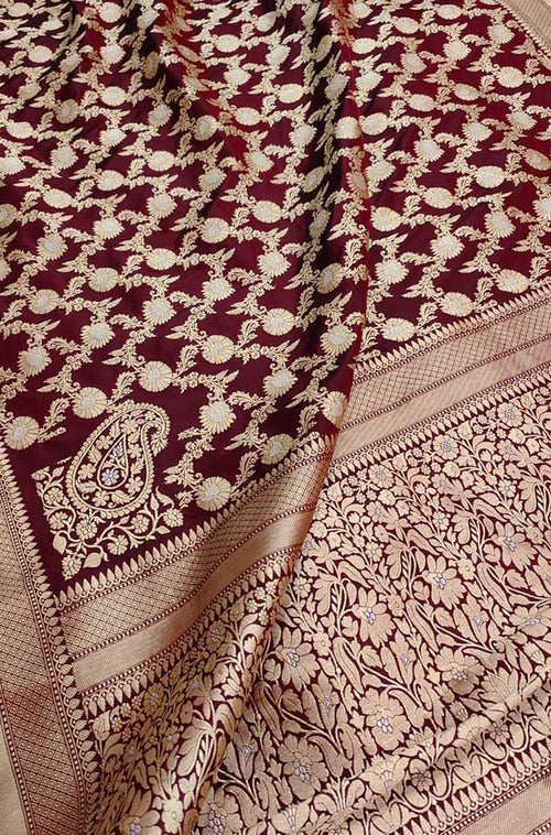 Maroon Handloom Banarasi Pure Katan Silk Sona Roopa Saree - Luxurion World
