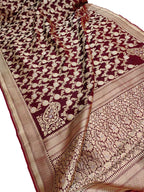 Maroon Handloom Banarasi Pure Katan Silk Sona Roopa Saree - Luxurion World