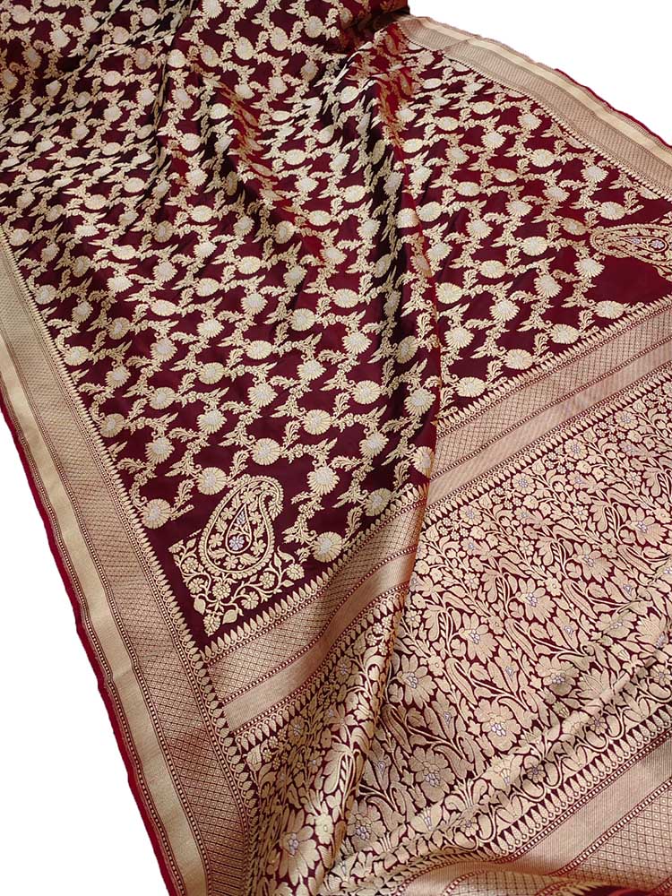 Maroon Handloom Banarasi Pure Katan Silk Sona Roopa Saree - Luxurion World