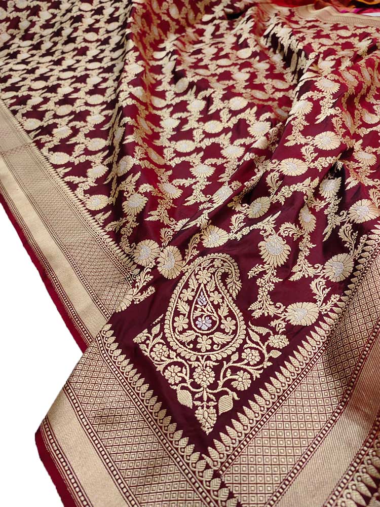 Maroon Handloom Banarasi Pure Katan Silk Sona Roopa Saree - Luxurion World